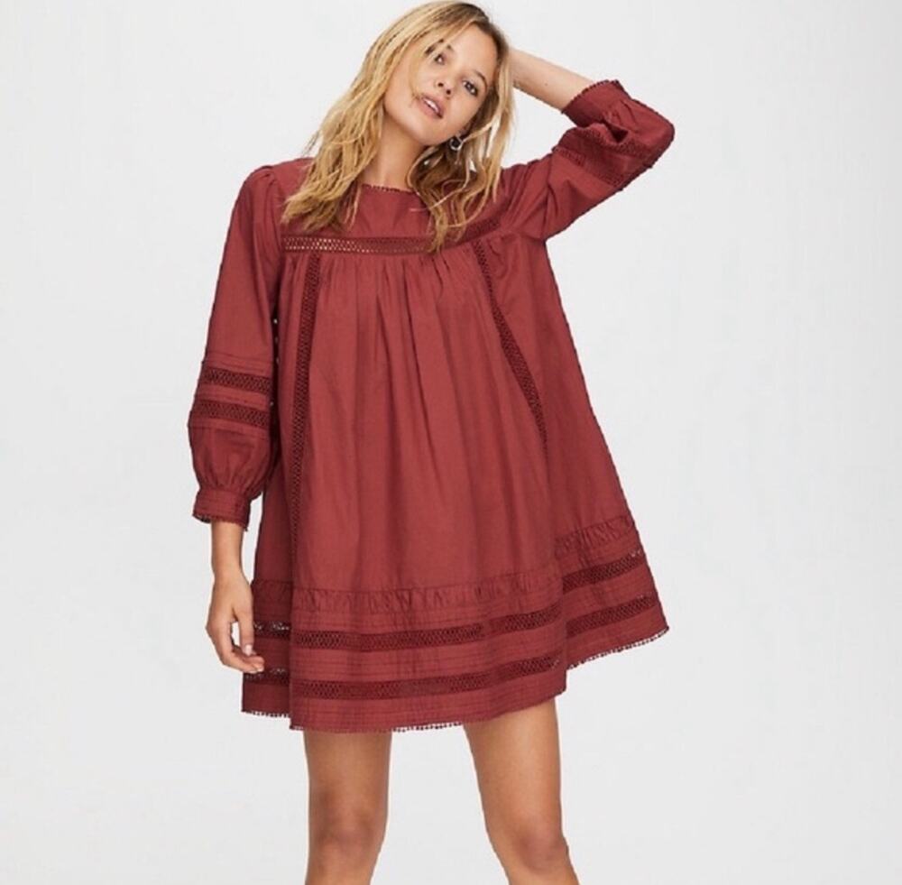 Aritzia Sunday Best Carmela Dress XS Red Cotton Lace Trim Babydoll Mini Dress